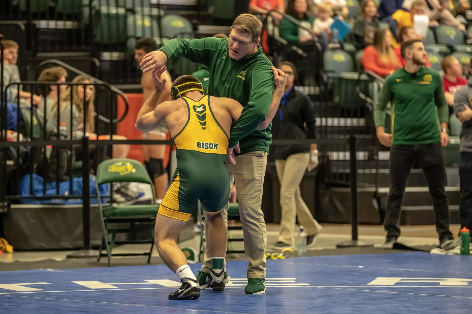 North Dakota State 157 Jared Franek and head coach Roger Kish at 49th Bison Open on Nov. 9 in Scheels Center.