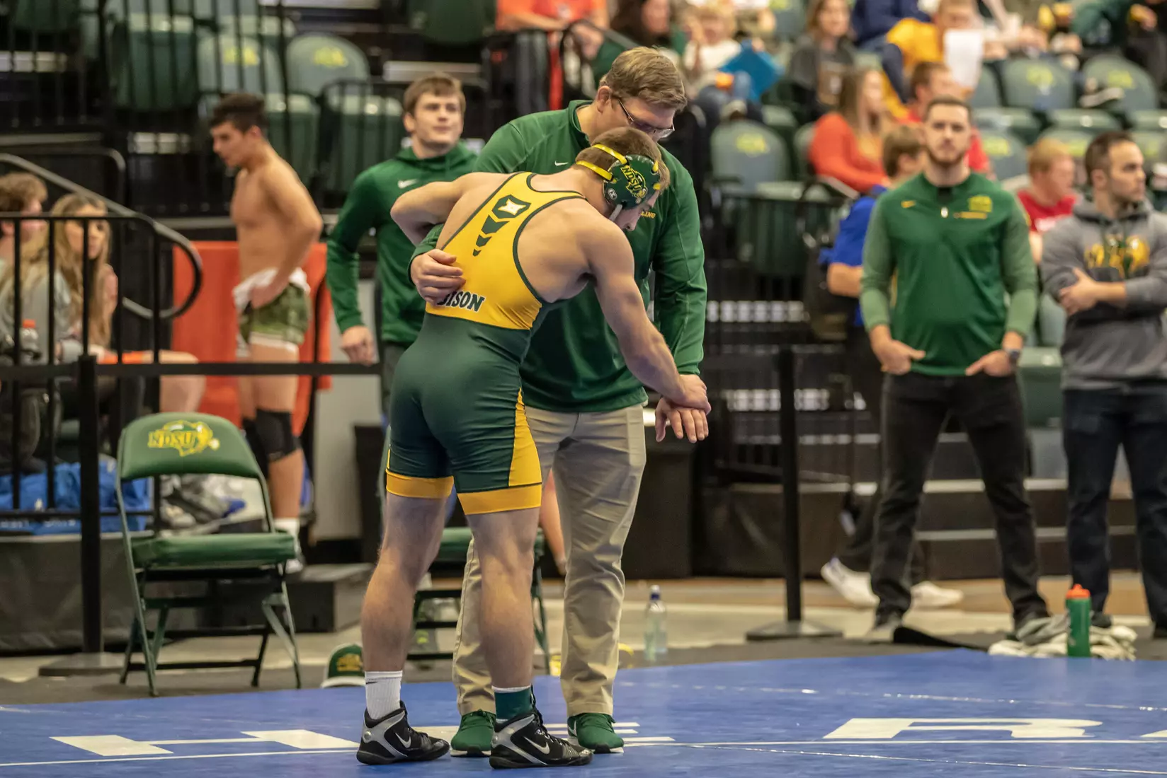 North Dakota State 157 Jared Franek and head coach Roger Kish at 49th Bison Open on Nov. 9 in Scheels Center.