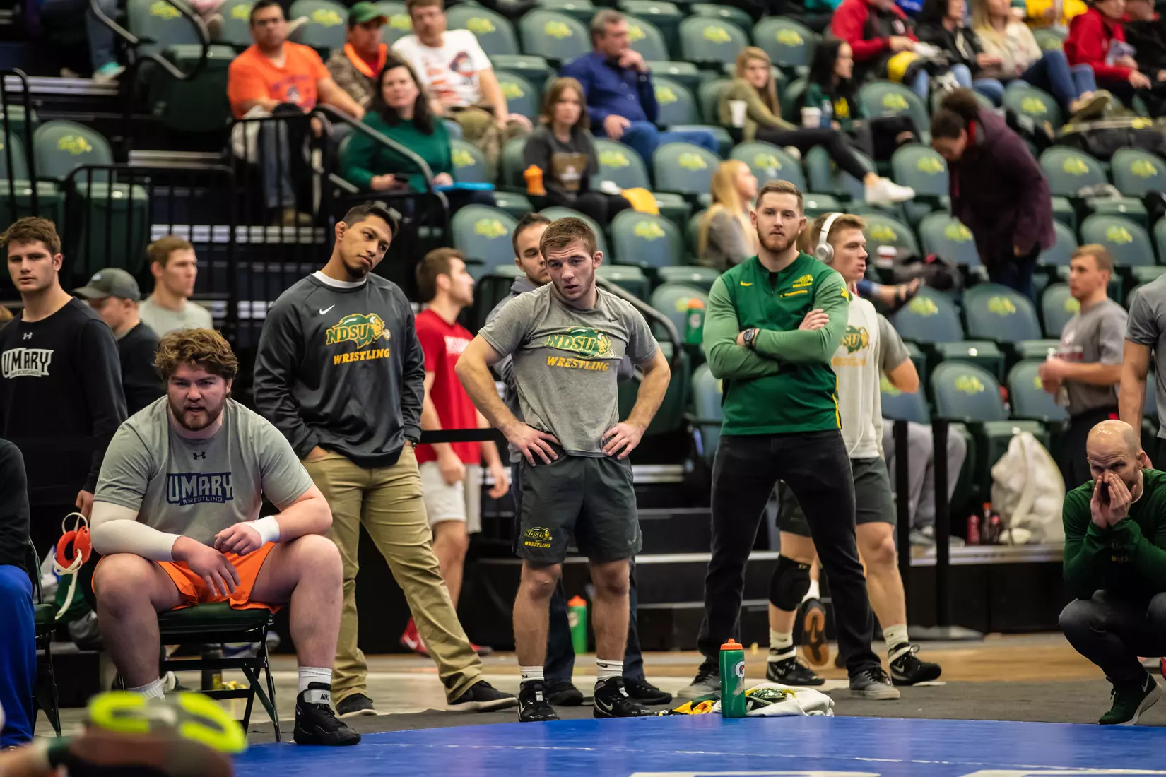 North Dakota State 157 Jared Franek and head coach Roger Kish at 49th Bison Open on Nov. 9 in Scheels Center.