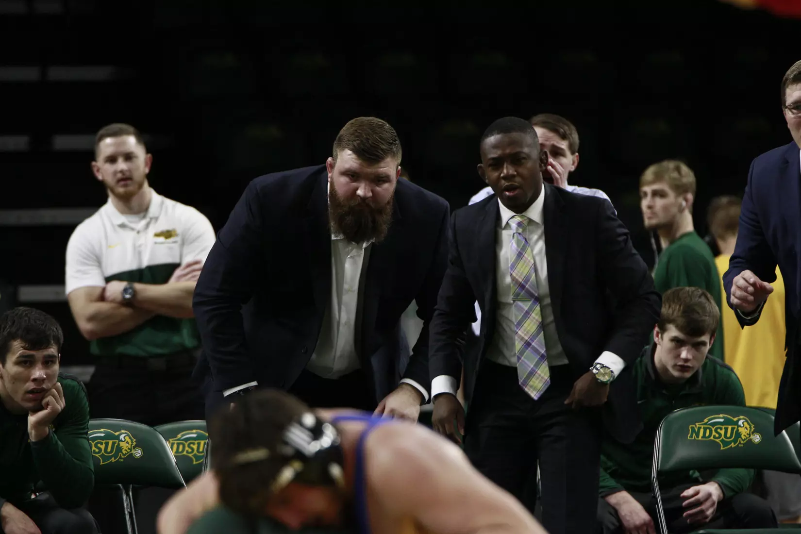 North Dakota State assistant Austin Marsden and head assistant Obenson Blance during Bison 24-9 win over Cal State Bakersfield on Nov. 3 in Scheels Center.