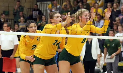 Three North Dakota State players, Mauch, Gelzinyte and Lien, in a row against Denver at the Bentson Bunker Fieldhouse.