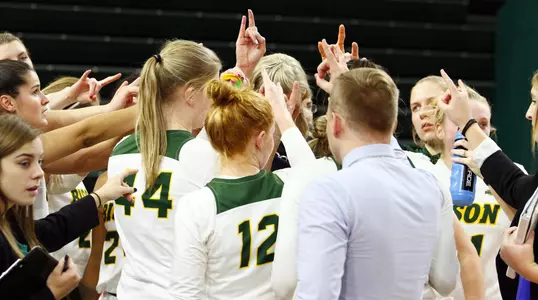NDSU women's basketball huddle vs. UMass