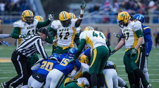 Bryce Messner, Jabril Cox pointing after NDSU fumble recovery