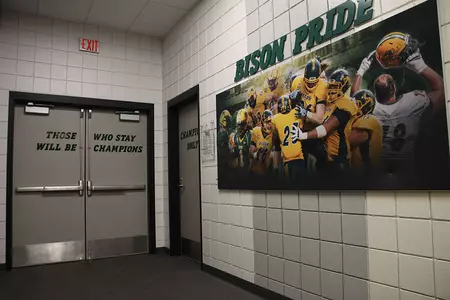 Bison Pride display in the NDSU football locker room