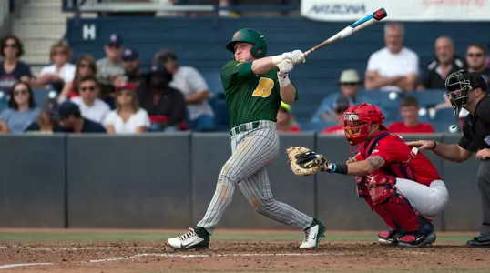 North Dakota State University Bison third baseman Matt Elsenpeter (2) follows through on his swing during a game against the University of Arizona Wildcats at Hi Corbett Field on March 11, 2018 in Tucson, Arizona. (Zachary Lucy Photography)