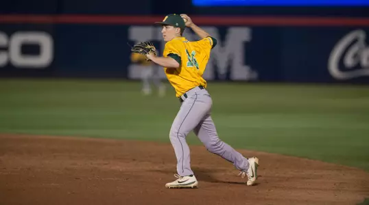 North Dakota State University Bison second baseman Drew Fearing (14) makes a throw to first base during a game against the University of Arizona Wildcats at Hi Corbett Field on March 9, 2018 in Tucson, Arizona. (Zachary Lucy Photography)