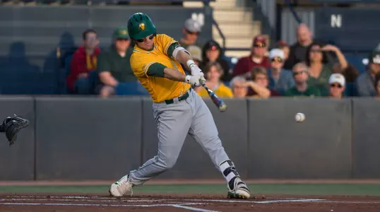 North Dakota State University Bison first baseman Mason Pierzchalski (10) follows through on his swing during a game against the University of Arizona Wildcats at Hi Corbett Field on March 9, 2018 in Tucson, Arizona. (Zachary Lucy Photography)