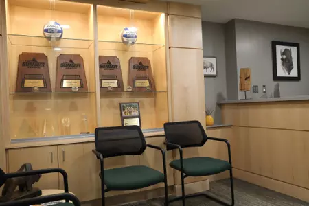 Trophy case in a reception area