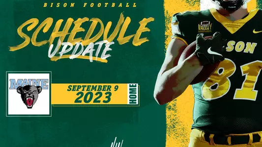 Graphic of NDSU football player and Maine logo with future game date