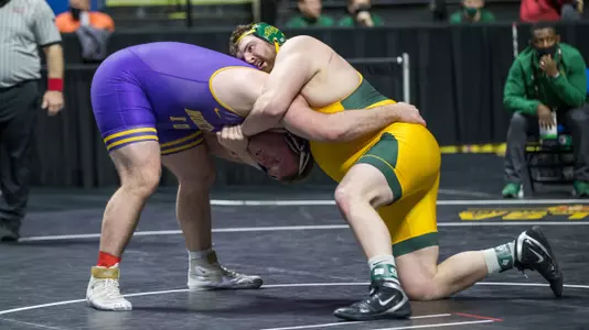 North Dakota State's Brandon Metz at the Big 12 Wrestling Championship, Sunday, March 7, 2021, BOK Center, Tulsa, OK. Brett Rojo/Big 12 Conference