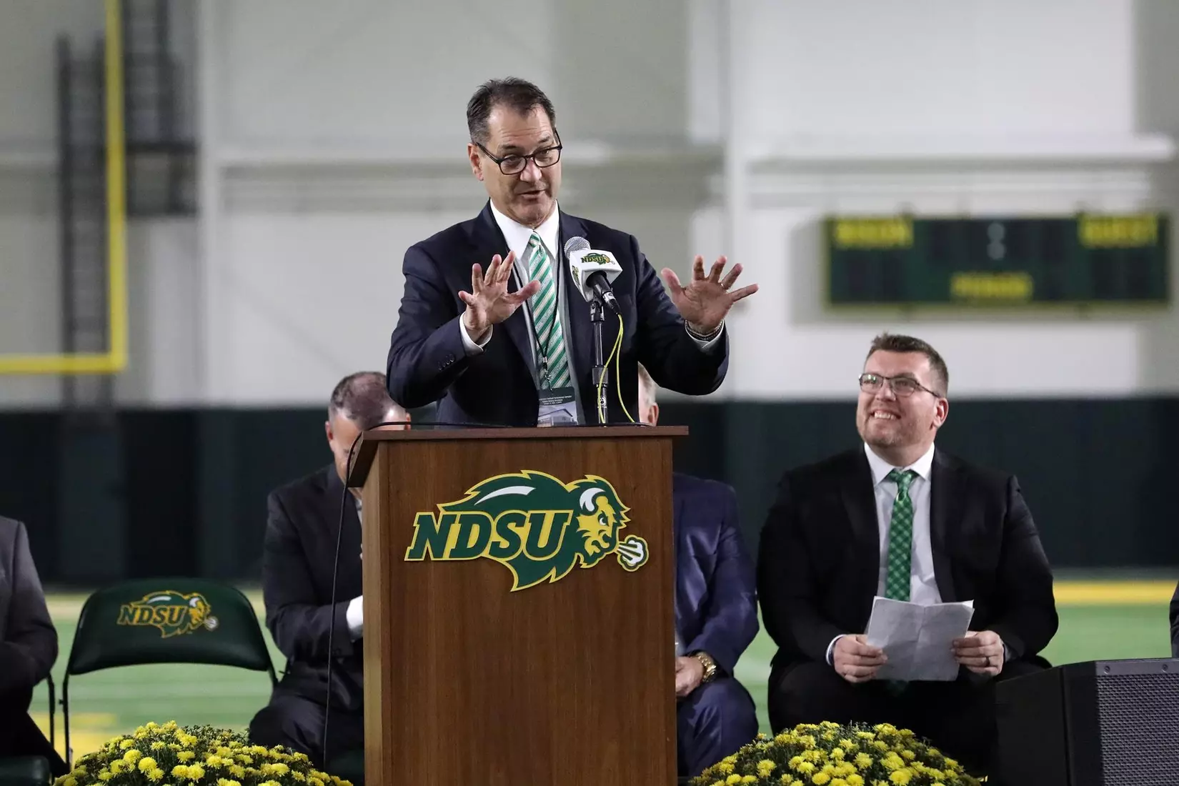 NDSU president David Cook speaks at the ribbon cutting ceremony for the Nodak Insurance Football Performance Complex.