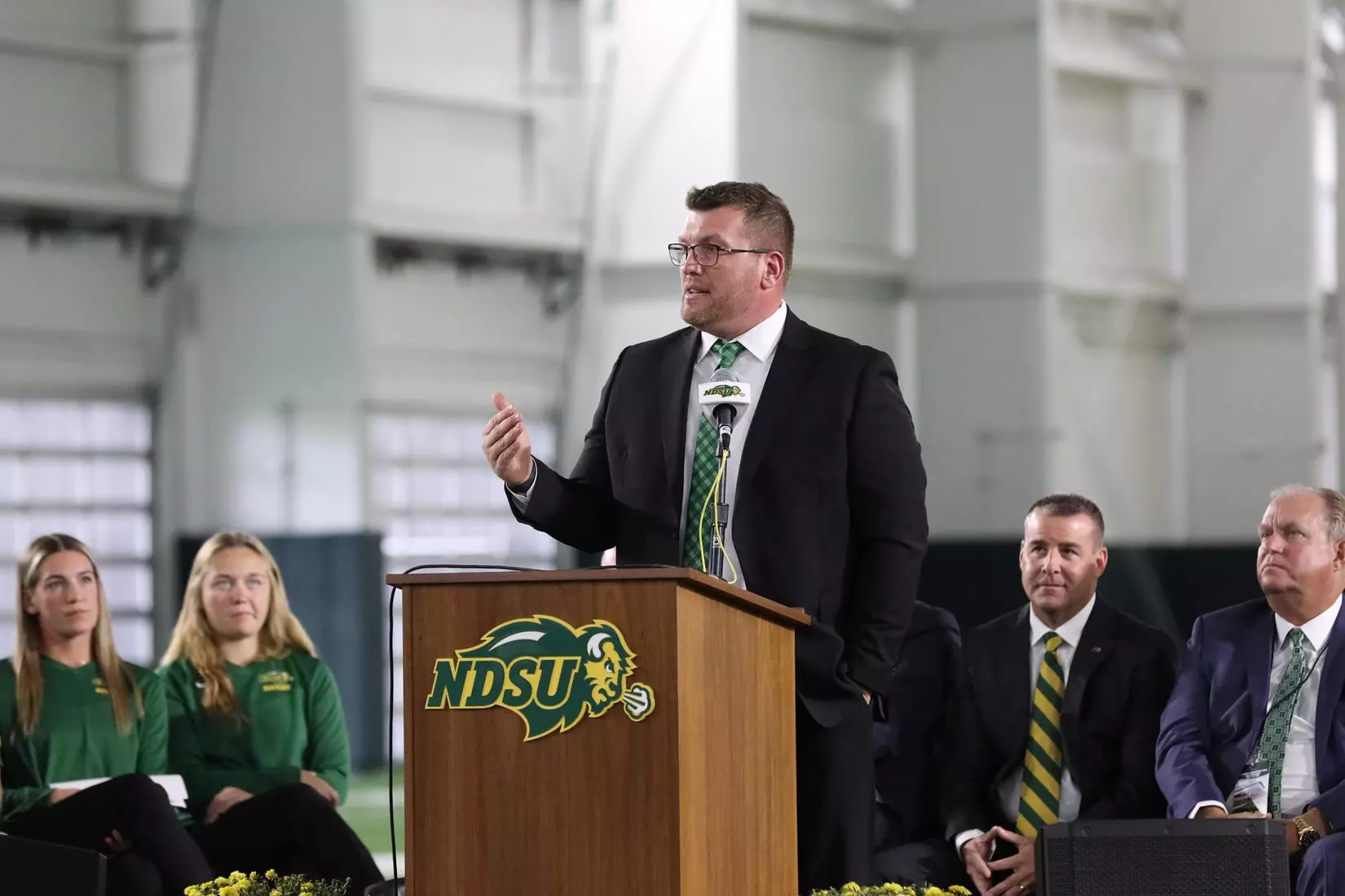 NDSU head football coach Matt Entz speaks at the ribbon cutting ceremony for the Nodak Insurance Football Performance Complex.