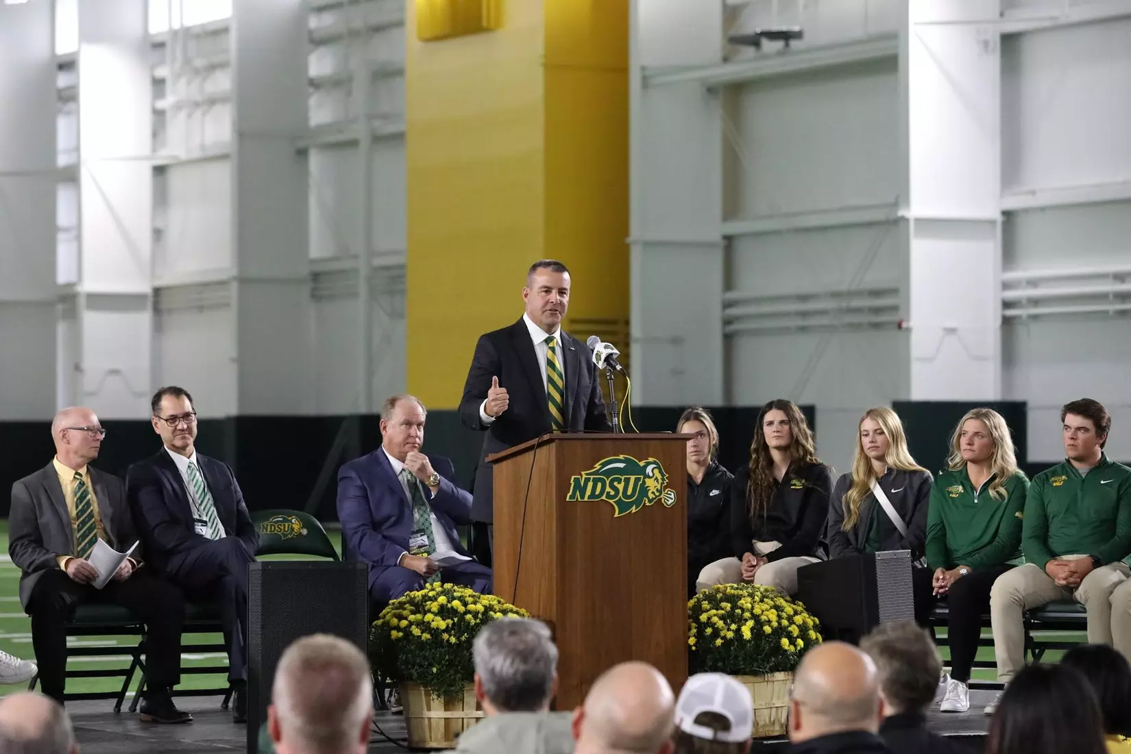 NDSU athletic director Matt Larsen speaks at the ribbon cutting ceremony for the Nodak Insurance Football Performance Complex.