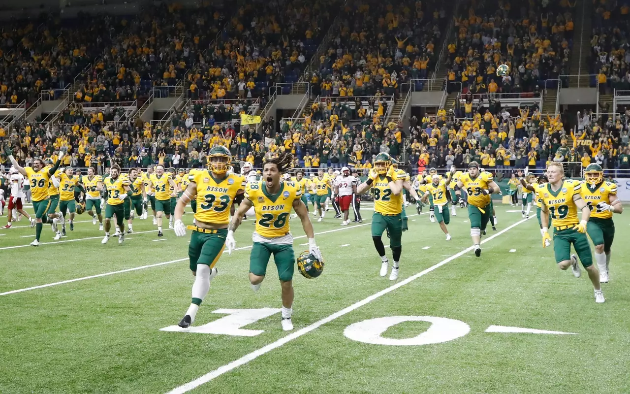 NDSU football team members celebrate the win over Incarnate Word