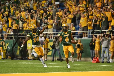 NDSU's Dom Jones follows Destin Talbert into the end zone