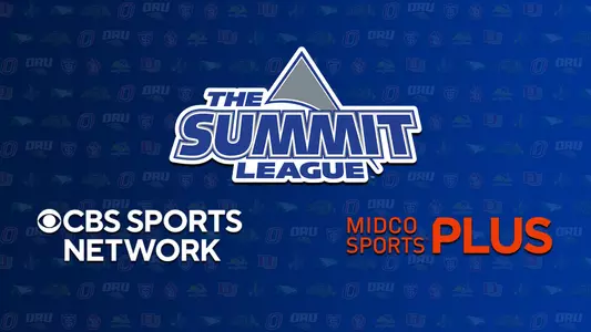 Logos for The Summit League, CBS Sports Network and Midco Sports Plus