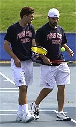 Sergiu Modoc (left) and Hector Almada lost in the first round of the NCAA Doubles Tournament on Thursday night.