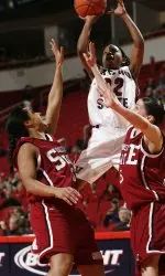 Cecilia Russell-Nava knocked down four key second-half three pointers and Jenean Ford notched a double-double as New Mexico State upset Fresno State 74-66 on Wednesday in the quarterfinal round of the WAC Tournament.