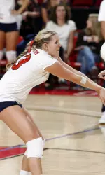 Senior Angela Wiggins had seven kills in game one.