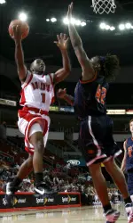 Kevin Bell goes up for a layup against a Sunbird defender. He had 12 points in the exhibition game at the Save Mart Center.