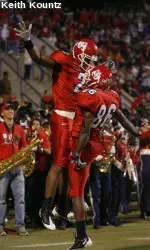 The Bulldogs celebrate after a touchdown.