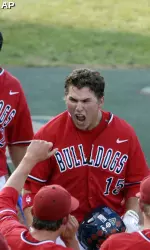 Fresno State's Steve Detwiler (15) celebrates with teammates his two-run home run in the second inning. (AP Photo/Dave Weaver)