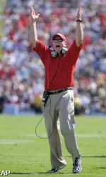 Pat Hill celebrates after the Bulldog defense forced a turnover against UCLA. (AP Photo/Mark J. Terrill)