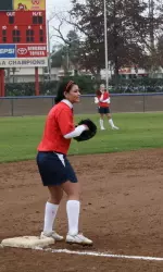 Freshman Brittnee Rodgers covers third base in a drill on the first day of practice.