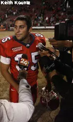 Kevin Goessling (35) in post game interviews after kicking the winning field goal.