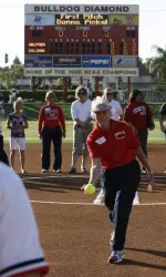 Former Bulldog coach Donna Pickel threw out the first pitch on Softball History Night.