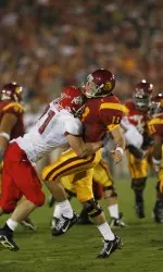 Garrett McIntyre puts a hard hit on Heisman Trophy winner Matt Leinert in a 2005 game against USC, one of the best college football games of the decade.