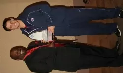 Ryan Colburn was selected the 2010 Humanitarian Award winner. Pictured with him is 2004 award winner and former Bulldog Jamal Jones.