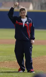 Emma Andrews throws out the first pitch at Beiden Field.