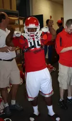 Sophomore running back Robbie Rouse gets fitted for the 2010 season.