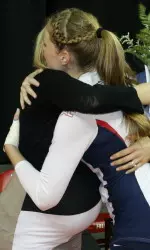 Senior Brianna Clarke hugs head coach Lauren Netherby-Sewell during the Bulldogs' Senior Night Ceremony before Fresno State downed Utah State 3-2 in thrilling fashion.