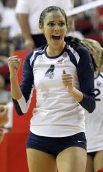 Junior Lauren Albertson records 10 kills and four blocks in the Bulldogs 3-2 win over New Mexico.