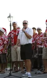 Head coach Tim DeRuyter speaks at the Fresno State pep rally on Sunday night.
