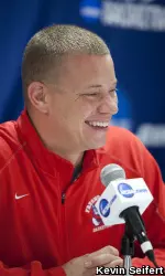 Head coach Adrian Wiggins adresses the media at the Bulldogs NCAA Tournament press conference.