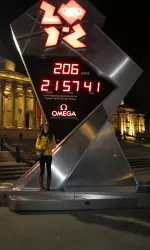 Lisa Beach standing in front of the 2012 London Olympic Countdown.
