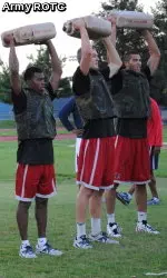 The Bulldogs lifted water jugs over their head in an exercise on day three of boot camp with the Army ROTC.