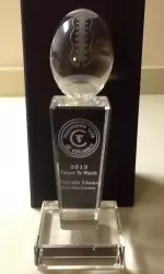 A photo of the 2013 Player to Watch crystal award that Davante Adams and Derek Carr received at the 58th Touchdown Club of Columbus awards banquet