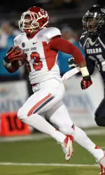 Derron Smith returns an interception 34 yards for a touchdown on Nov. 12, 2012 in a win at Nevada