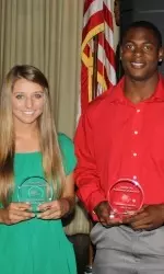 Football's Davante Adams and Softball's Jill Compton with their awards.