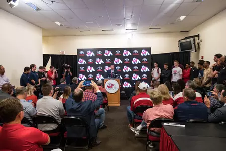 Justin Hutson press conference full media room in Save Mart Center