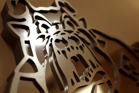 Bulldog logo art in basketball locker room