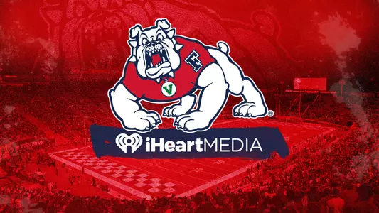 Fresno State Bulldog 4-paw logo + iHeartMedia, stadium in the background