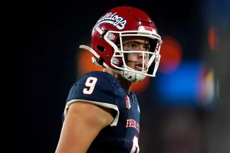 Sep 24, 2021; Fresno, California, USA; Fresno State Bulldogs quarterback Jake Haener (9) stands on the field during a timeout against the UNLV Rebels in the fourth quarter.