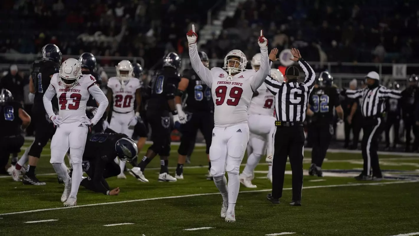 Fresno State senior defensive end David Perales celebrates a play against Nevada