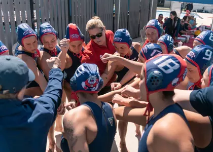 Fresno State water polo team huddle, 2023
