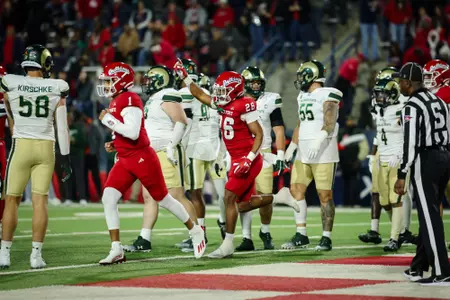 Bryson Donelson celebrates a touchdown against Colorado State